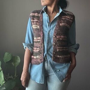 Vintage Hand Knit Sweater Vest Size Medium Brown Stripes Grandma Nerd